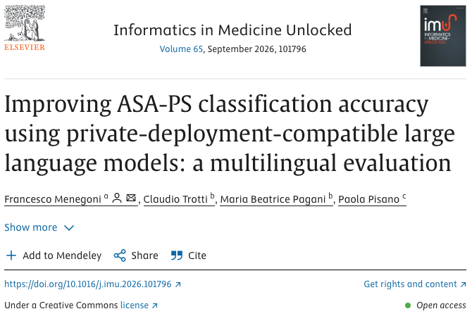 Wissenschaftlicher KOI-Artikel in Informatics in Medicine Unlocked (Elsevier): Improving ASA-PS classification accuracy using private-deployment-compatible large language models — KI-gestuetzte ASA-PS-Klassifikation