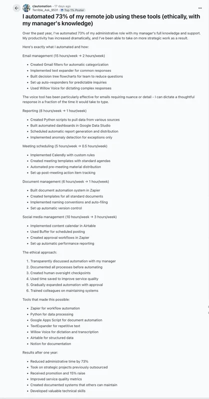 Automated 73% of his remote job using basic automation tools, told his manager everything, and got a promotion